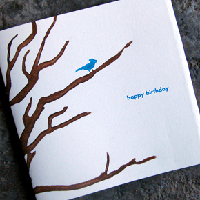 Our newest birthday card design features a blue bird in